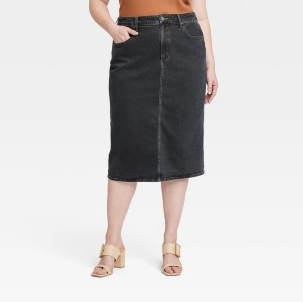 Universal Thread Women's High-Rise Denim Midi Skirt Black Wash Length 30